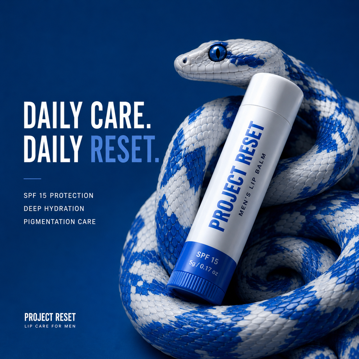 Project Reset lip balm coiled by a blue and white snake