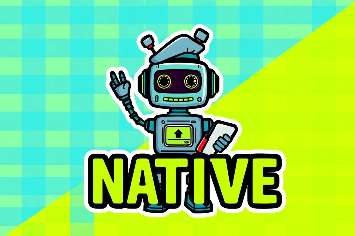 Kitsch pop-art poster with the word NATIVE and a retro robot mascot