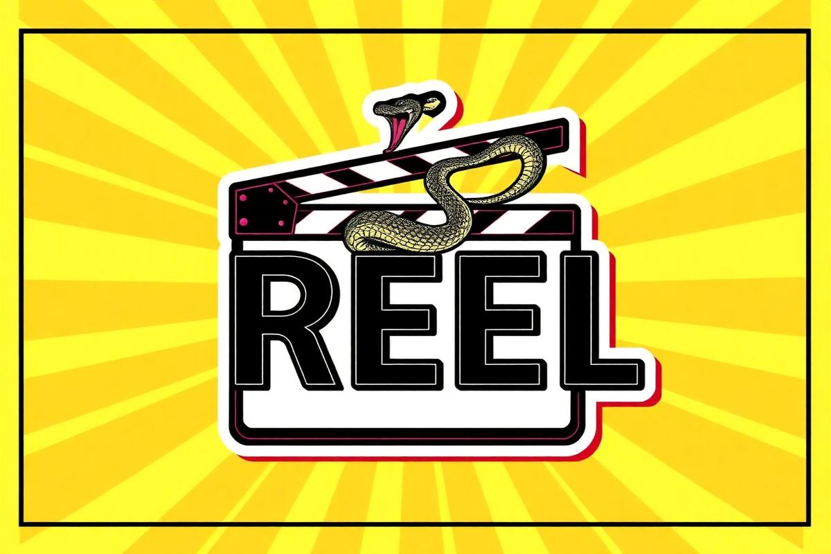 Kitsch pop-art poster with the word REEL and a snake wrapped around a film clapperboard