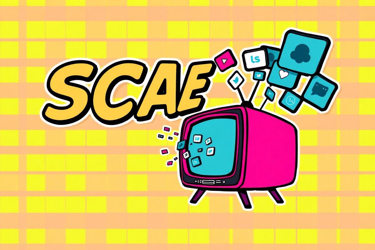 Kitsch pop-art poster with the word SCALE and a retro TV set spitting out social reels